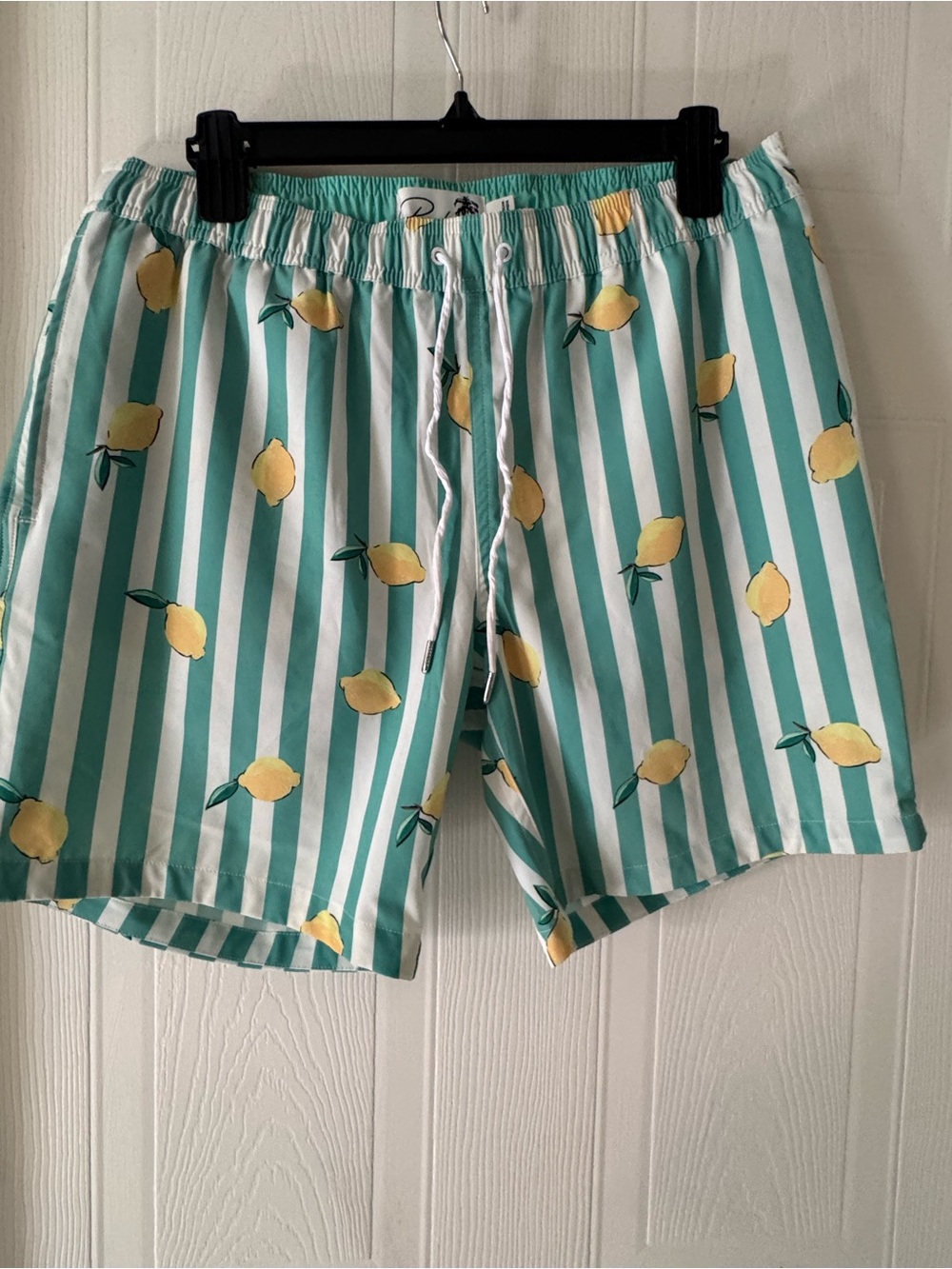 Bonobos Teal & White Striped Swim Trunks with Yellow Lemon Print